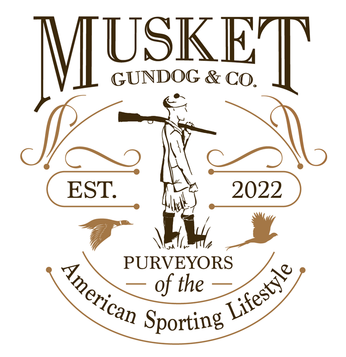 Musket Gundog & Co. original crest — hunter with musket, est. 2022